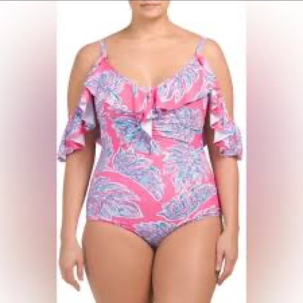 Nicole Miller One piece Leaves print pink blue cold shoulder ruffled Swimsuit 1X